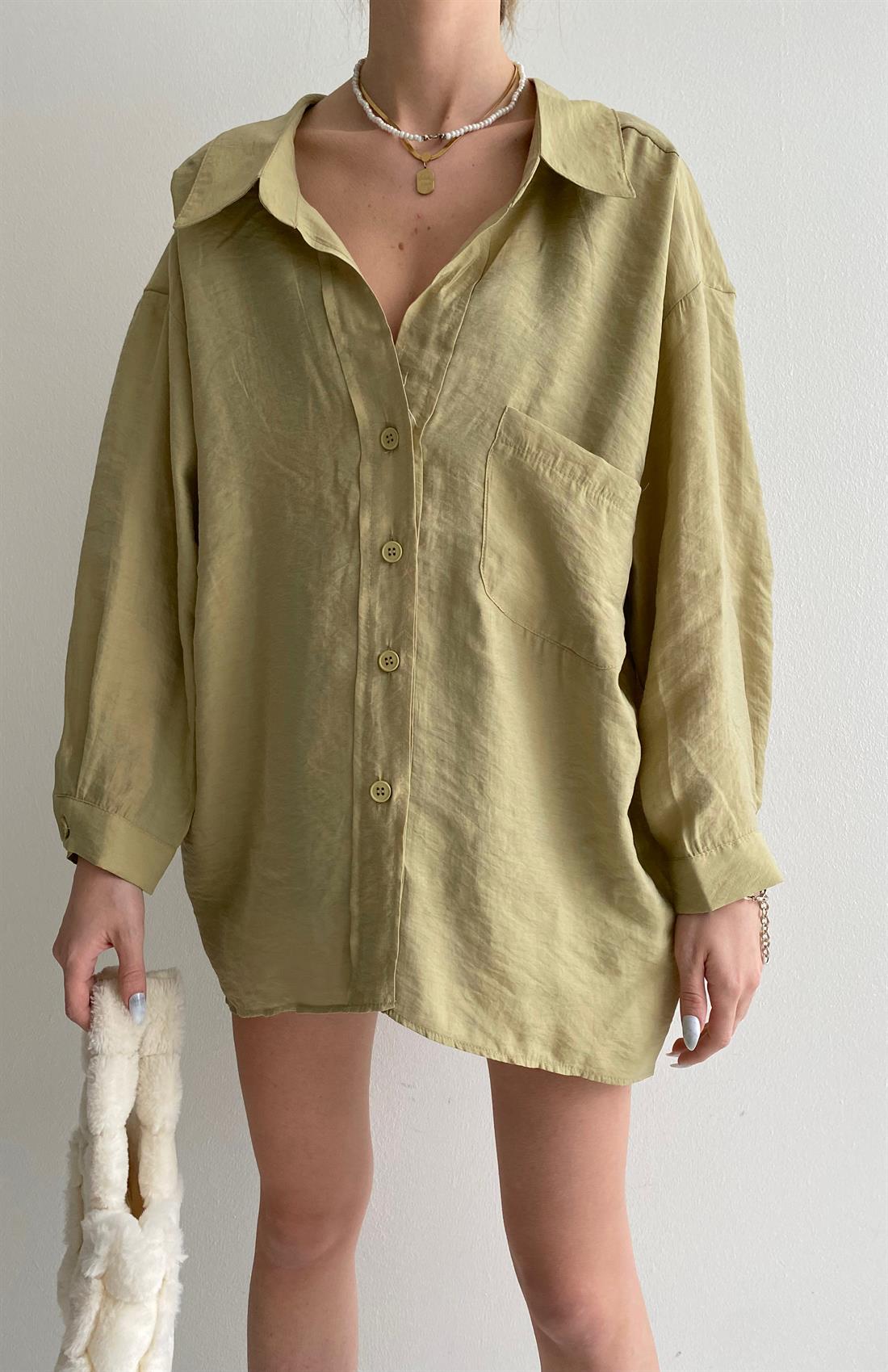 Omzu Düşük Oversize Gömlek YEŞİL