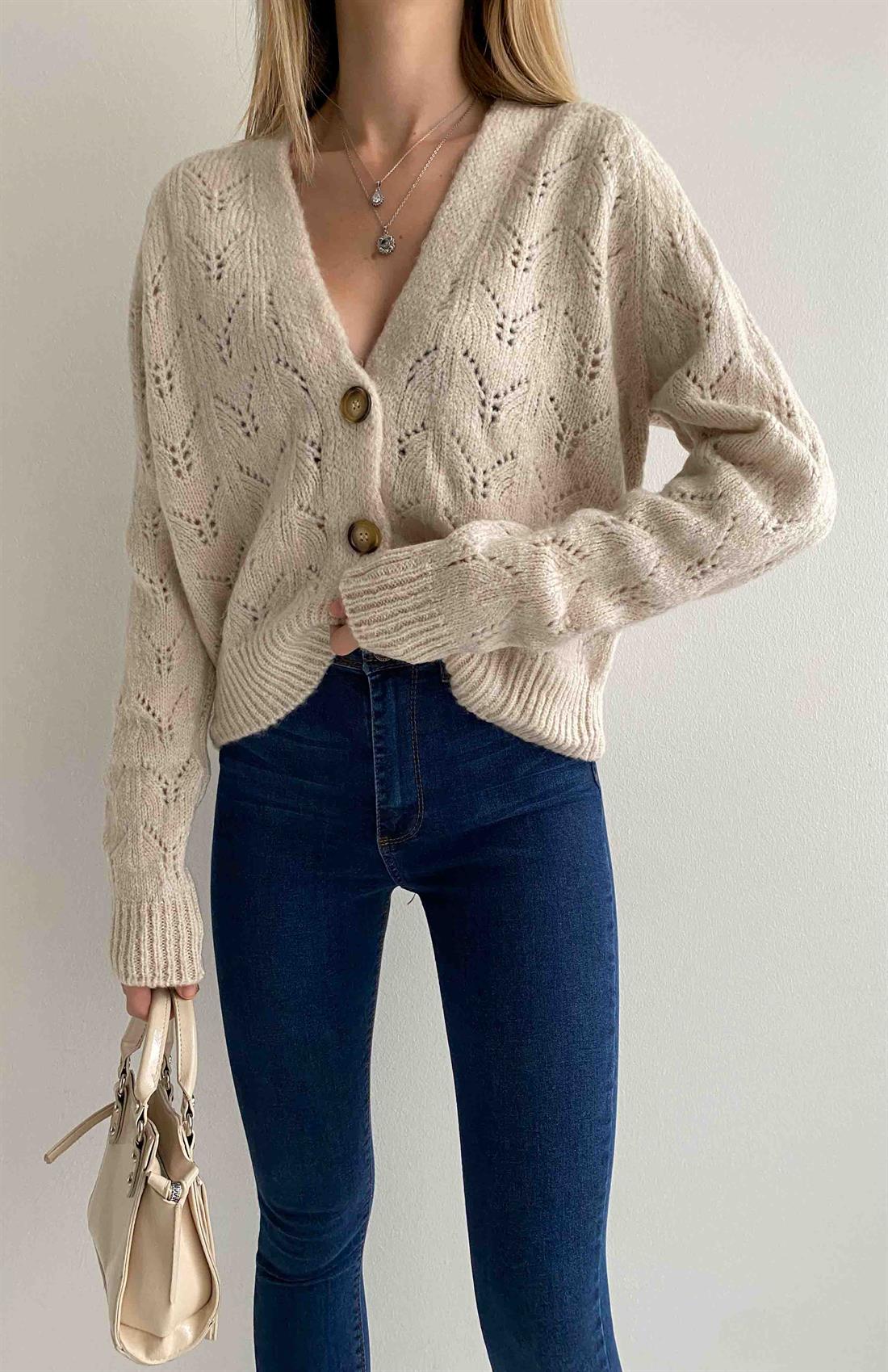 Ajurlu Düğmeli Hırka TAŞ