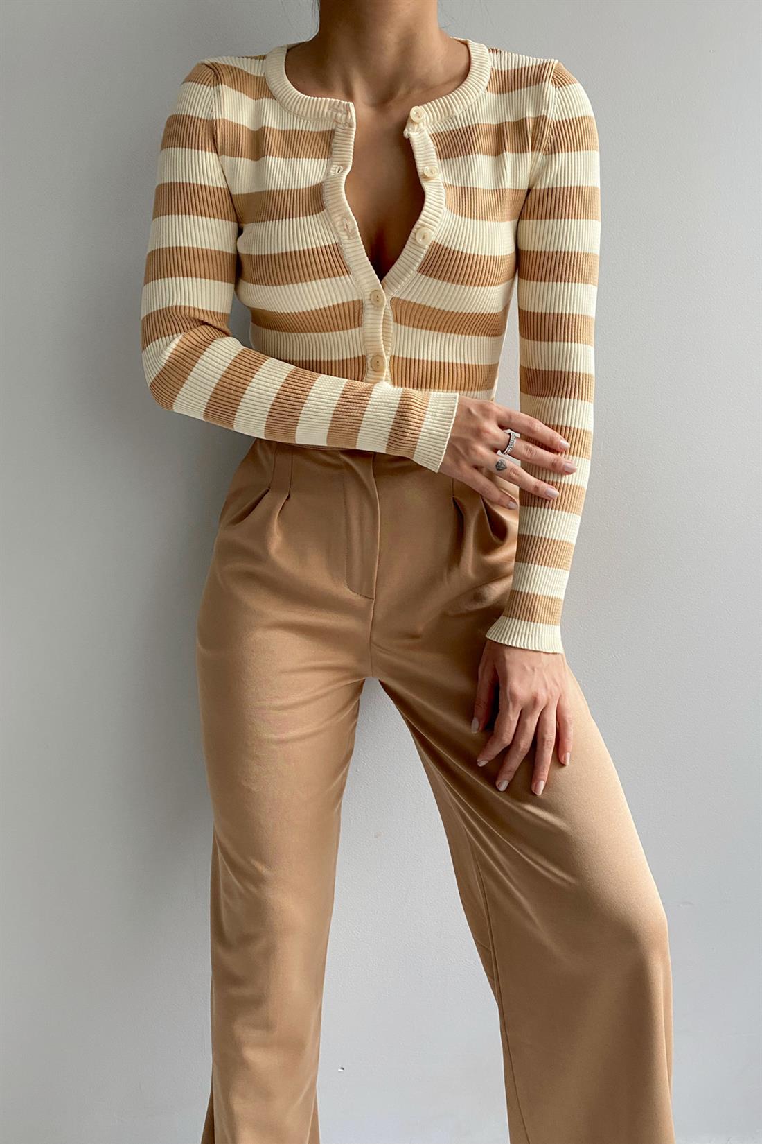 Çizgili Crop Top Hırka BEJ