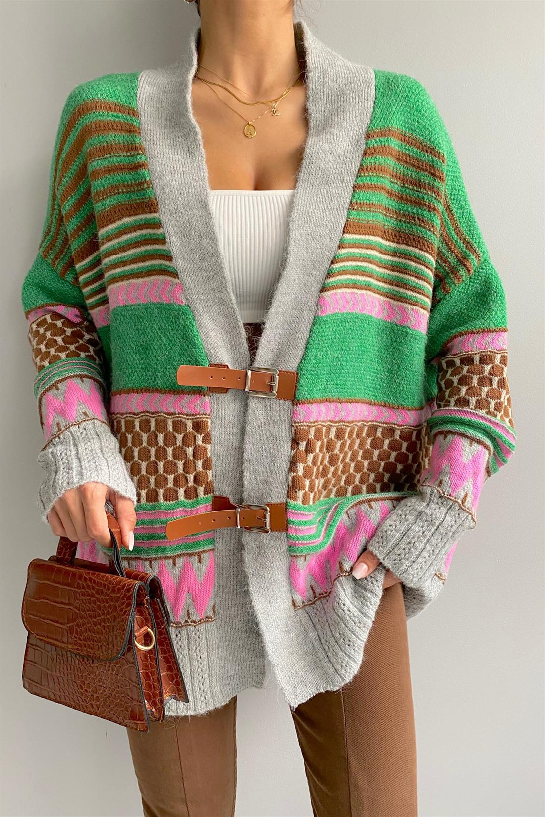 Deri Kemerli Hırka GRİ