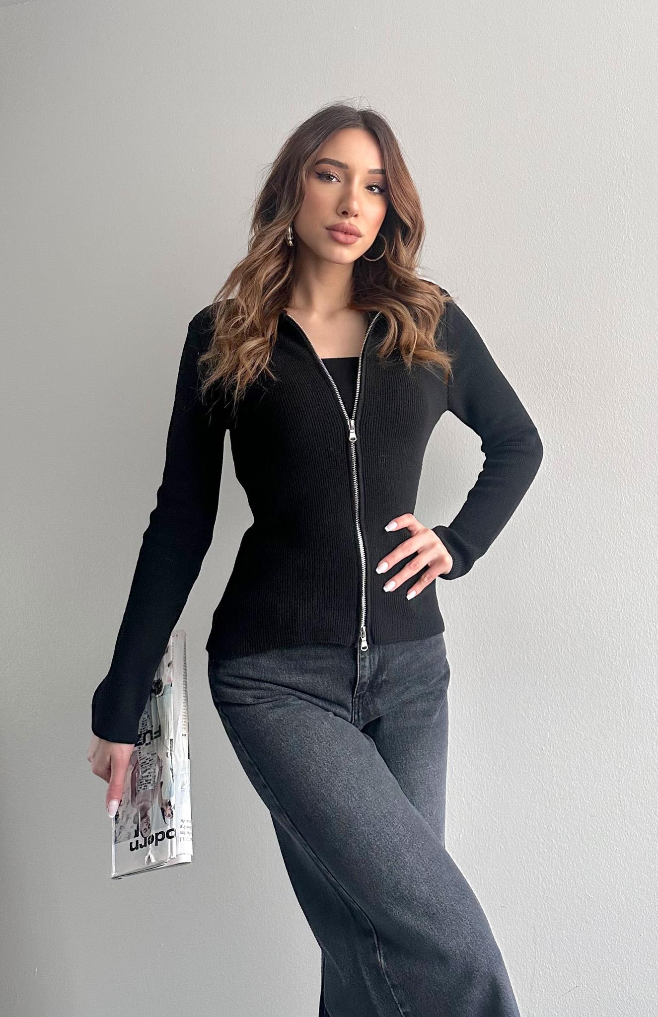 Fermuarlı Slim Kalıp Hırka SİYAH