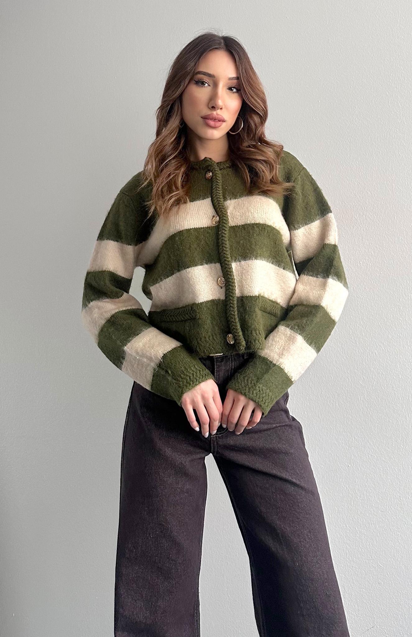 Fırça Şardonlu Crop Hırka HAKİ