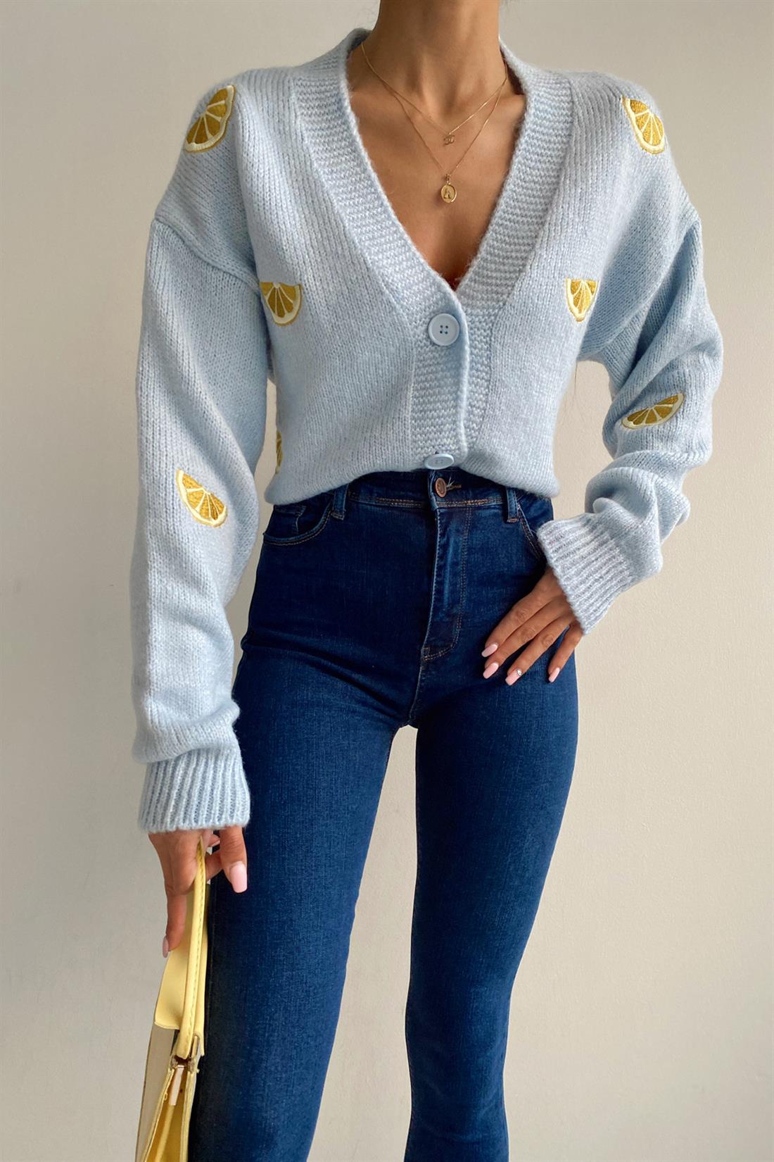 Limon Baskılı Hırka MAVİ