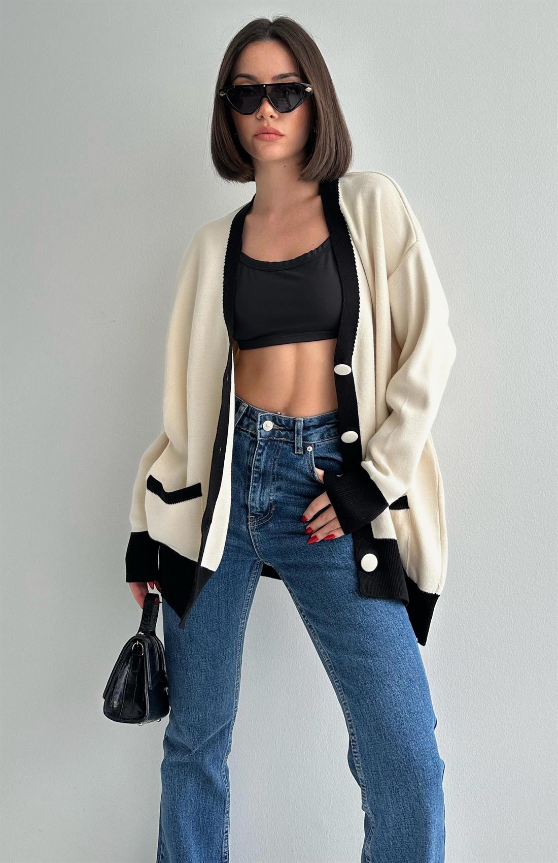 Şeritli Oversize Hırka TAŞ