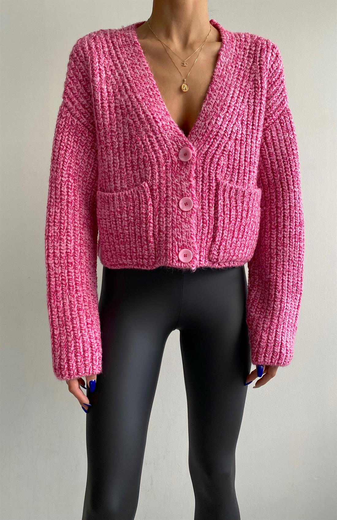 V Yaka Crop Hırka FUŞYA