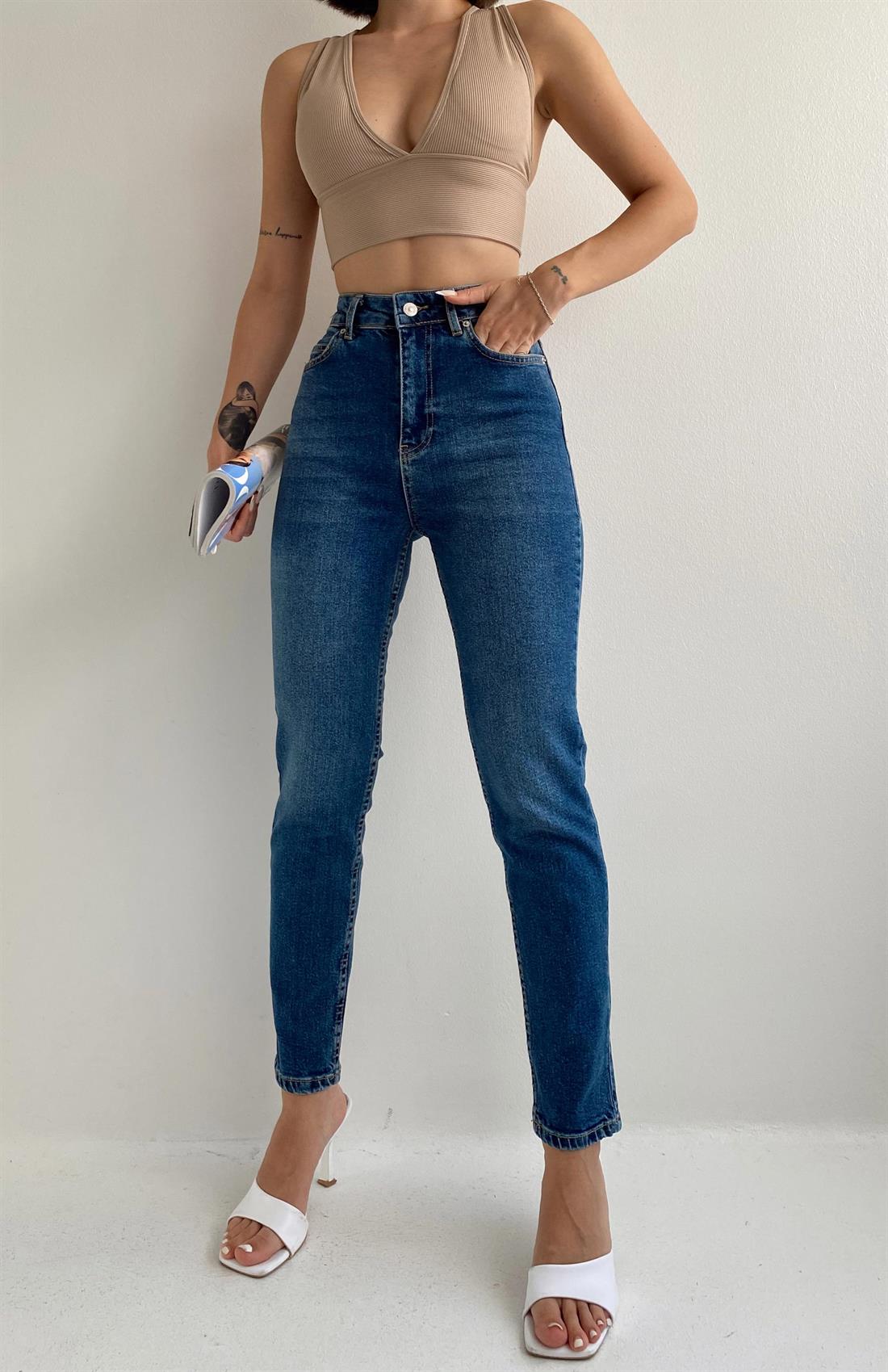 Likralı Mom Pantolon MAVİ
