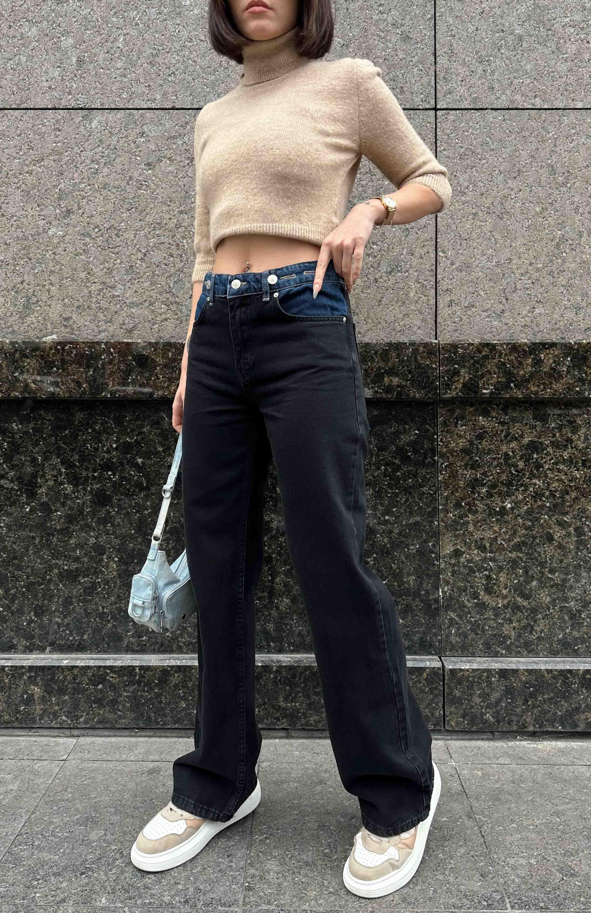 Mavi Garnili Wideleg Pantolon SİYAH