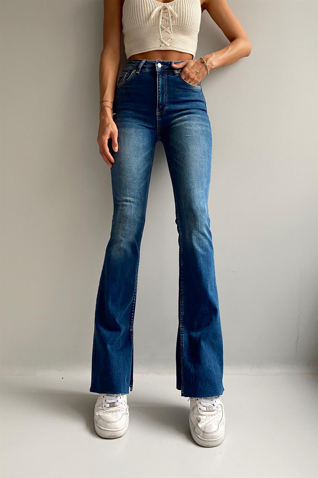 Paçası Yırtmaçlı İspanyol Paça Pantolon MAVİ