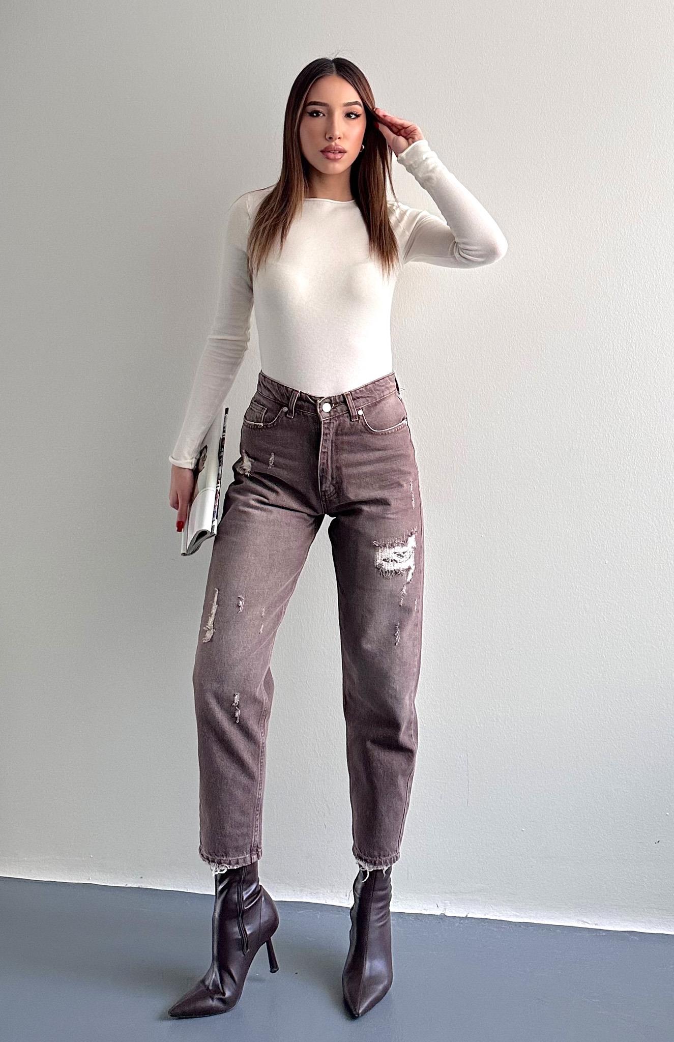 Yırtık Detaylı Denim Pantolon KAHVERENGİ