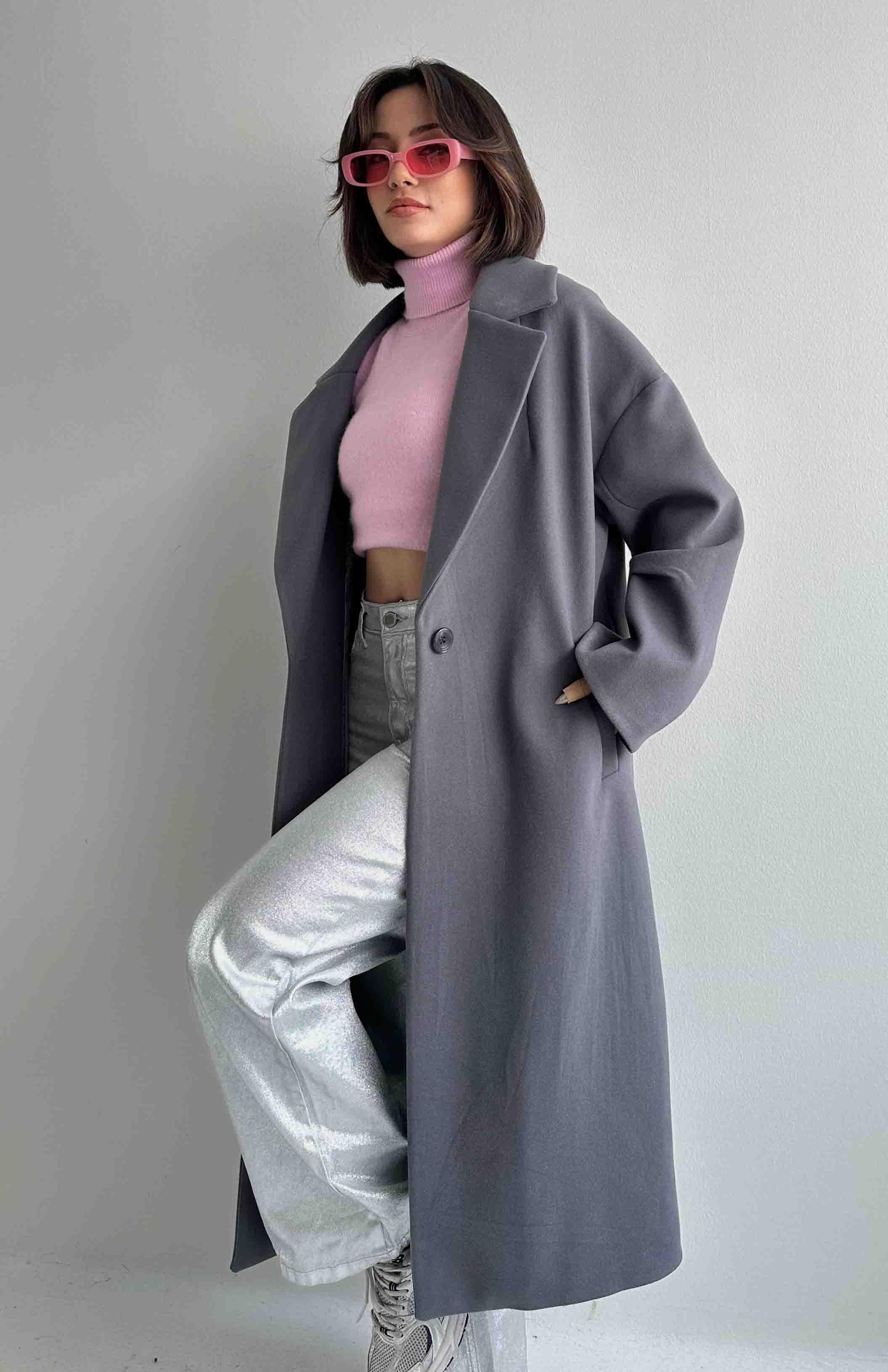 Tek Düğmeli Oversize Kaban FÜME
