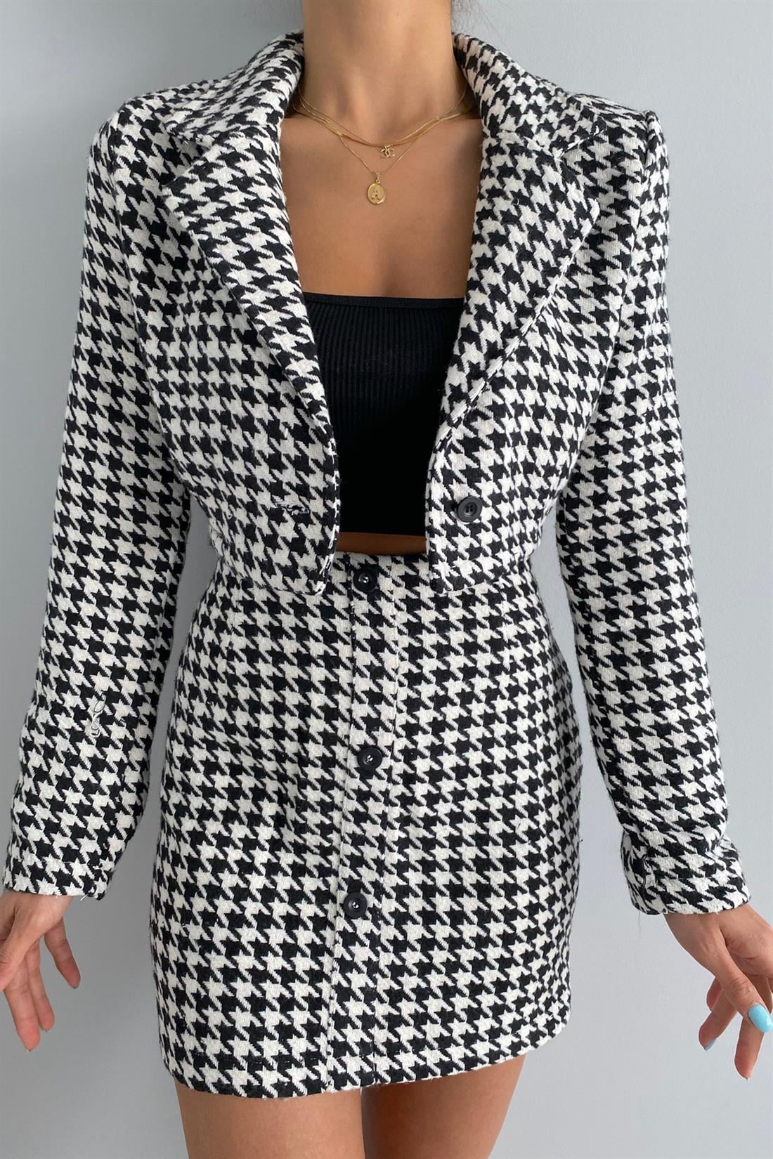 Crop Top Kaz Ayaği Baskılı Ceket SİYAH