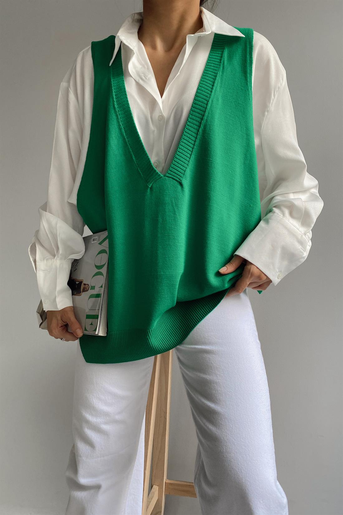 V Yaka Süveter BENETTON YEŞİLİ