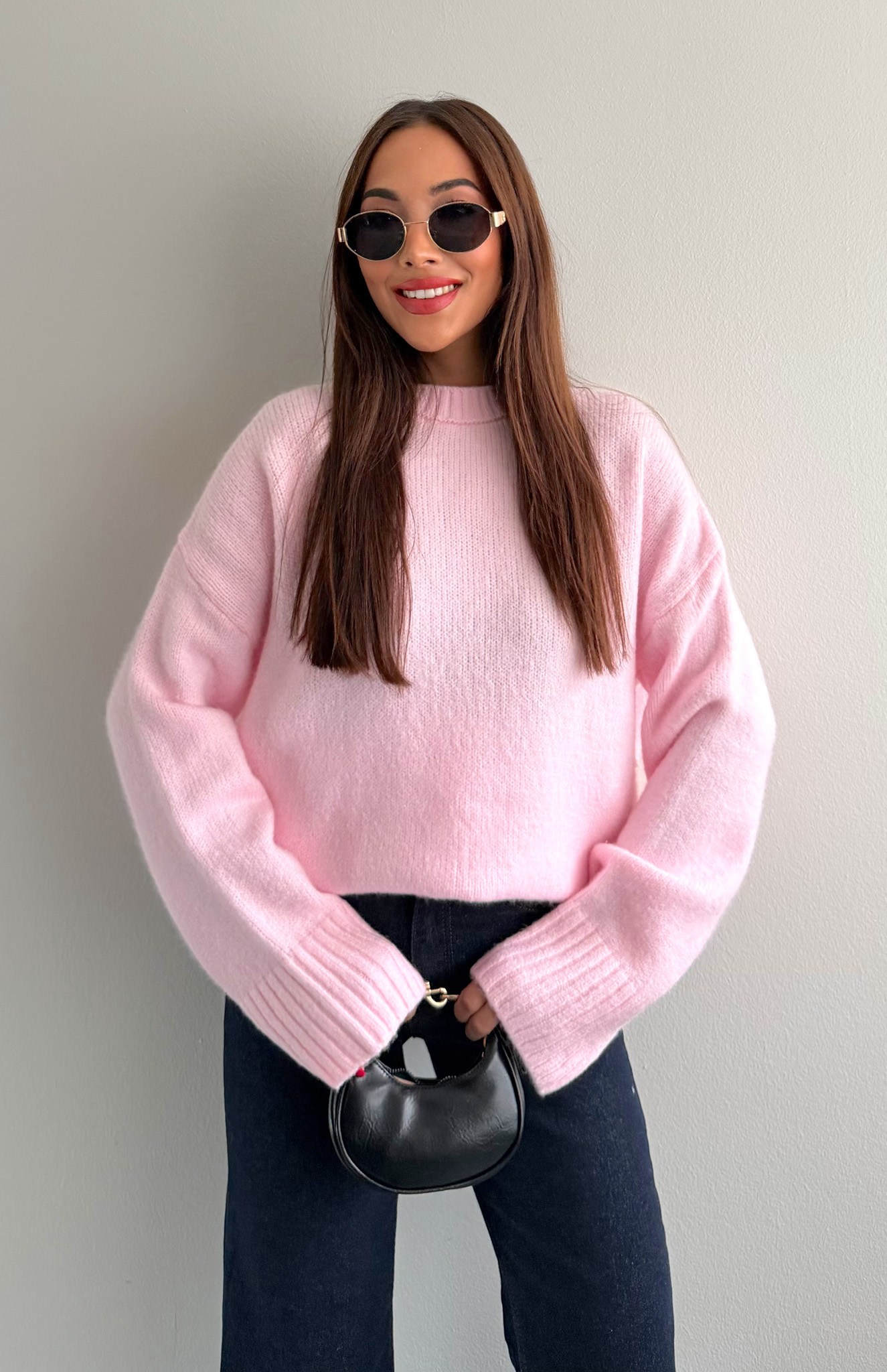 B.Yaka Düz Renk Pinterest Kazak PEMBE