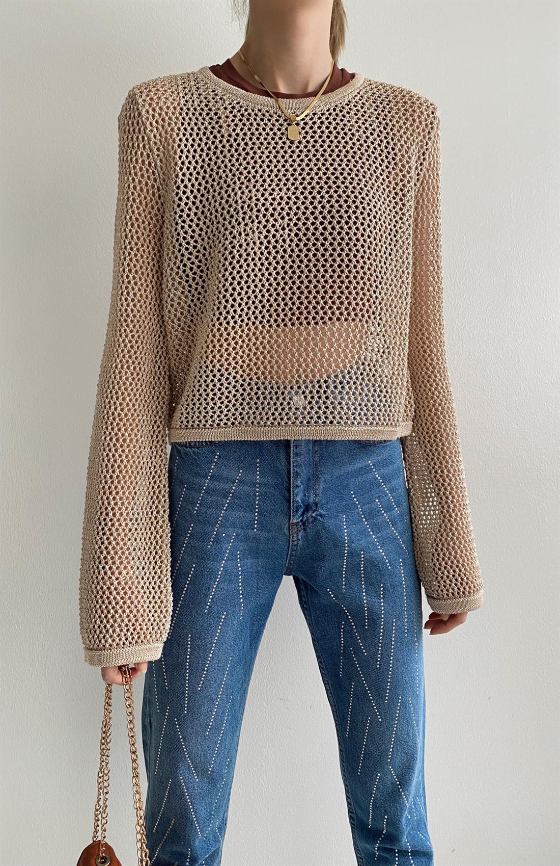 Bisiklet Yaka Ajur Desen Crop BEJ
