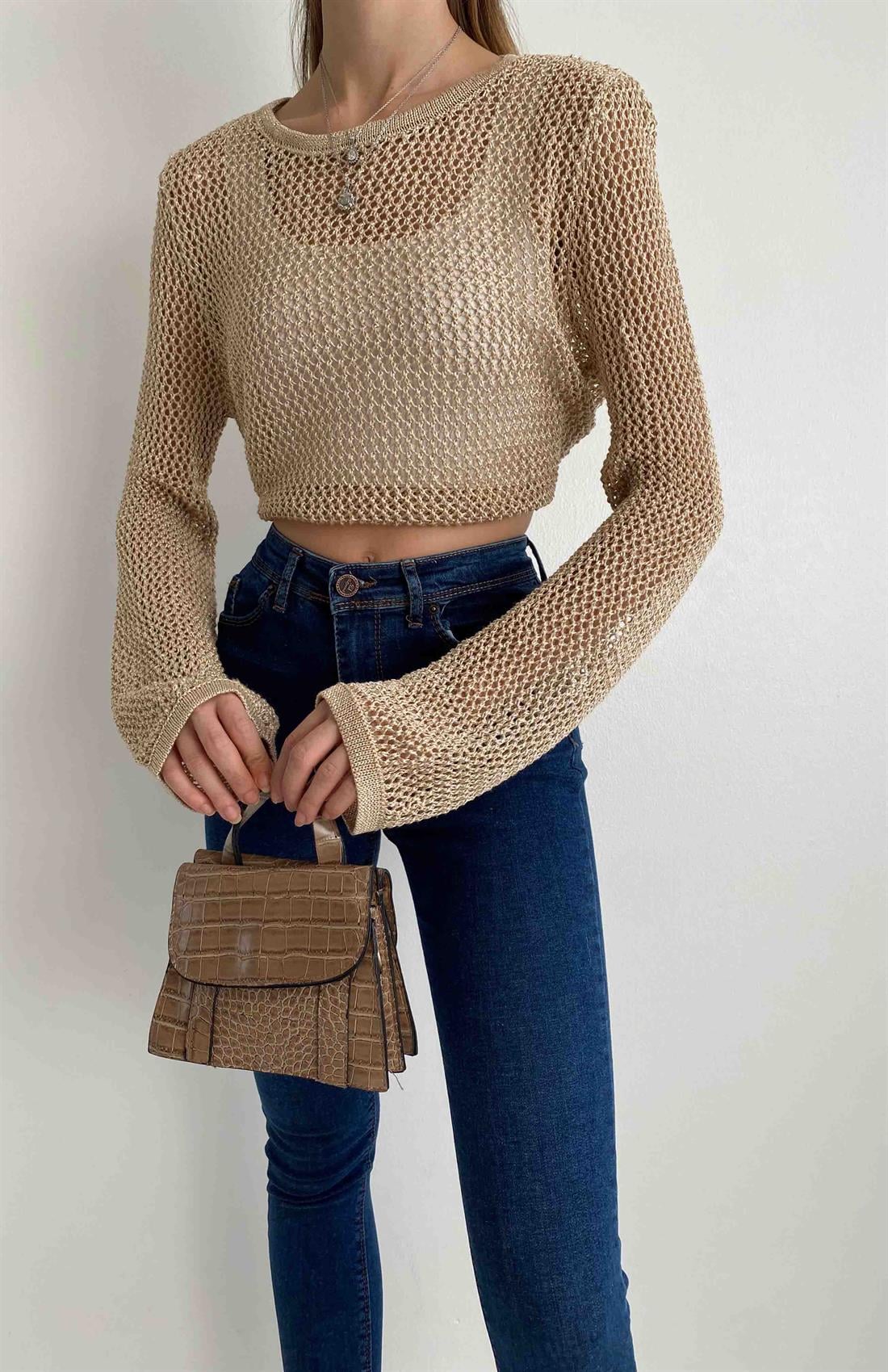 Bisiklet Yaka Ajur Desen Crop BEJ