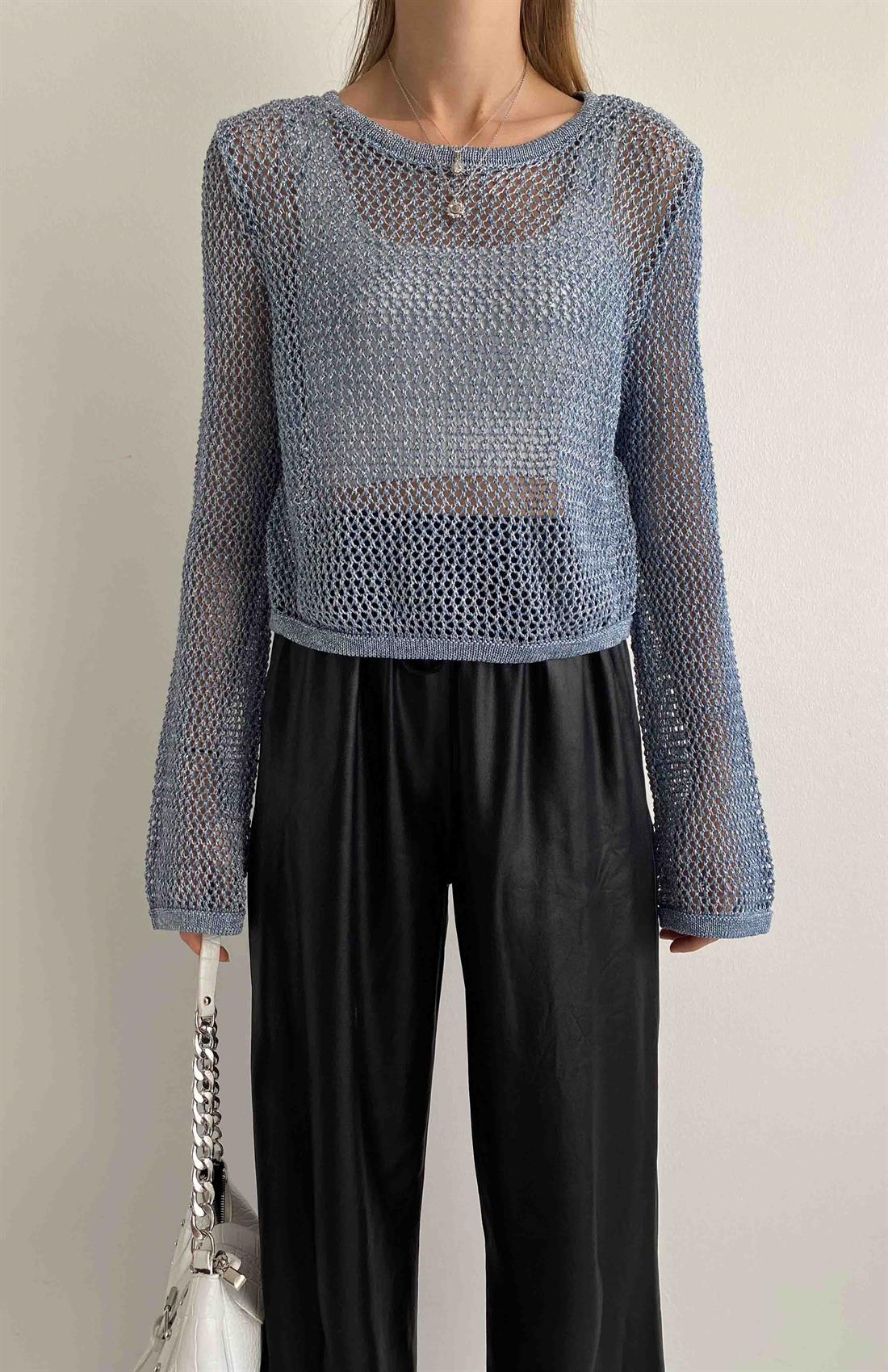Bisiklet Yaka Ajur Desen Crop İNDİGO