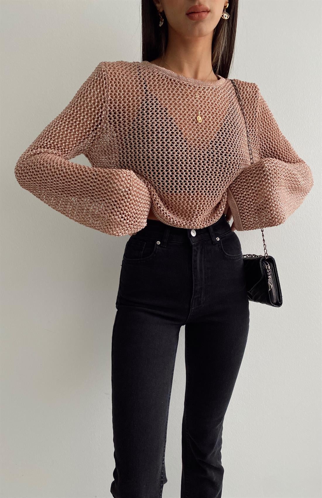 Bisiklet Yaka Ajur Desen Crop PUDRA