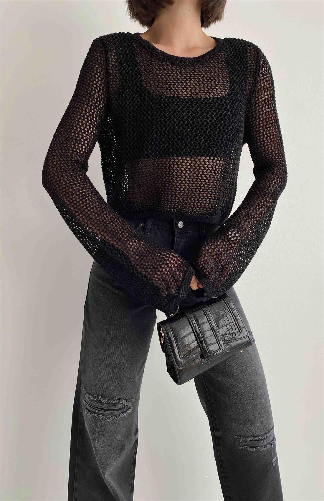 Bisiklet Yaka Ajur Desen Crop SİYAH