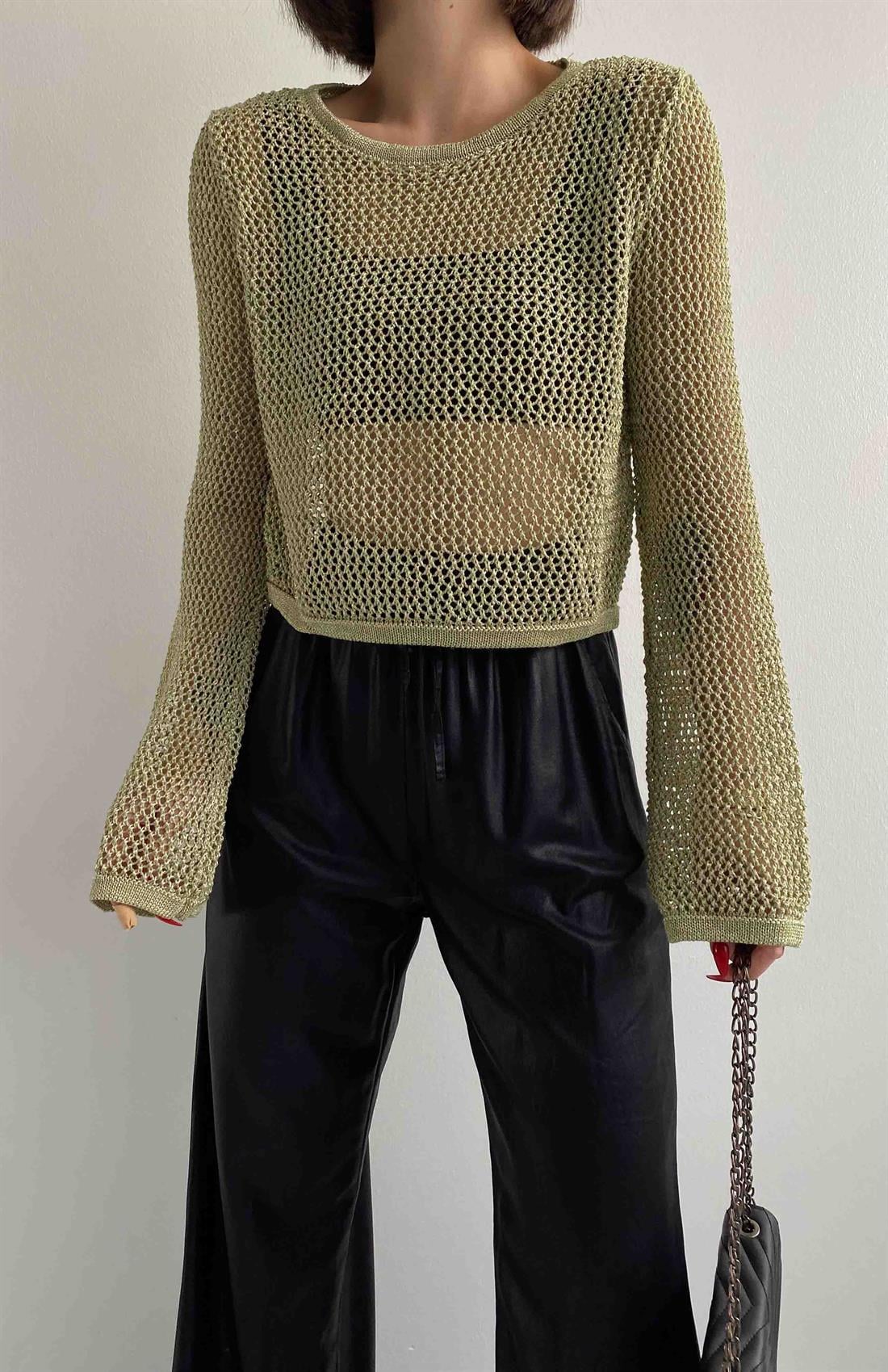 Bisiklet Yaka Ajur Desen Crop YEŞİL