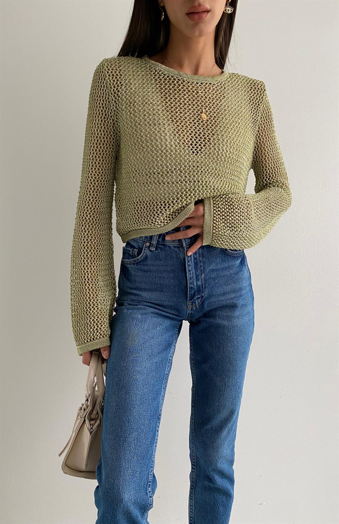 Bisiklet Yaka Ajur Desen Crop YEŞİL