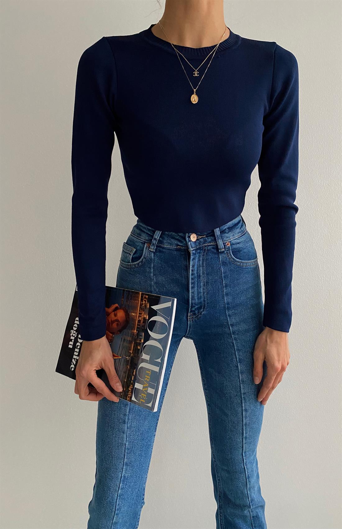 Bisiklet Yaka Crop Kazak LACİVERT