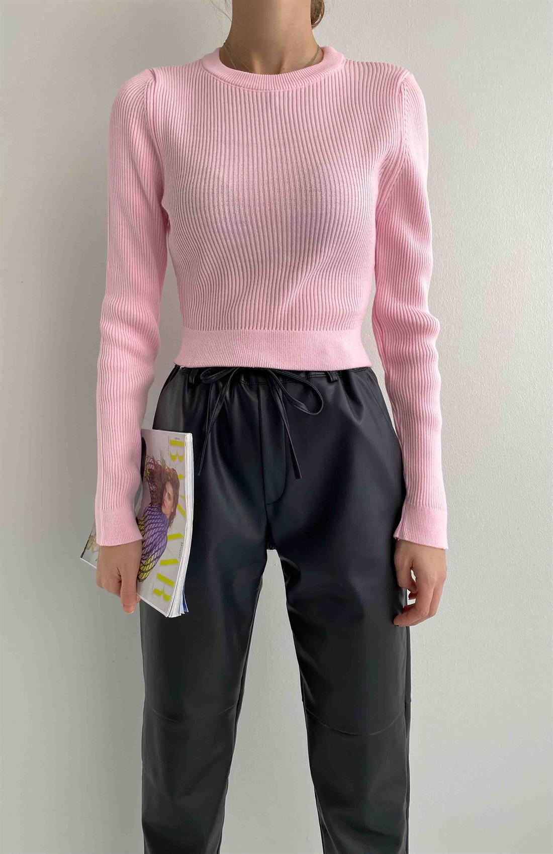 Bisiklet Yaka Crop Kazak PEMBE
