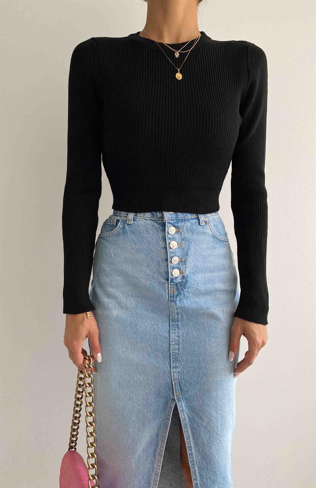 Bisiklet Yaka Crop Kazak SİYAH