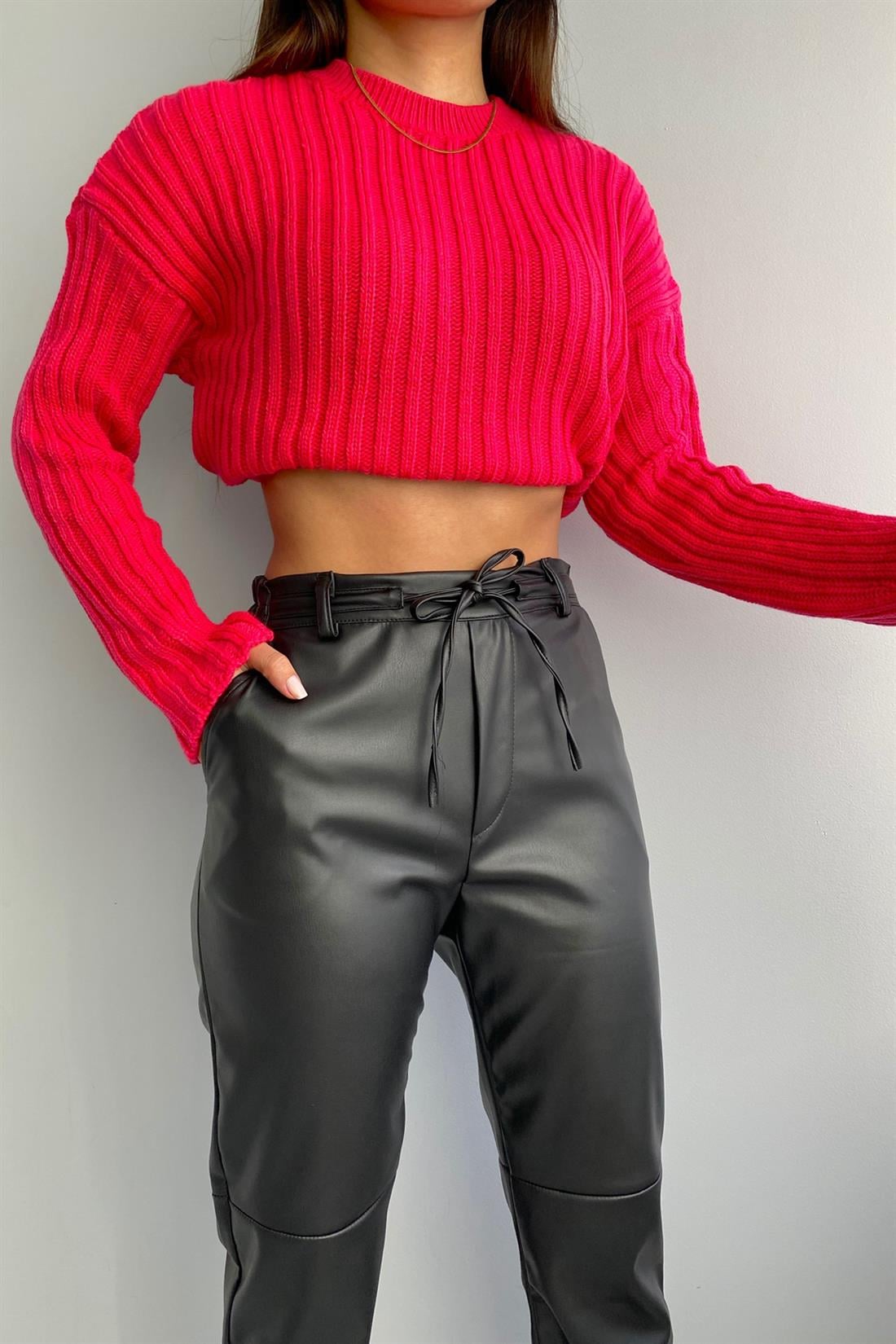 Bisiklet Yaka Fitilli Crop Kazak FUŞYA