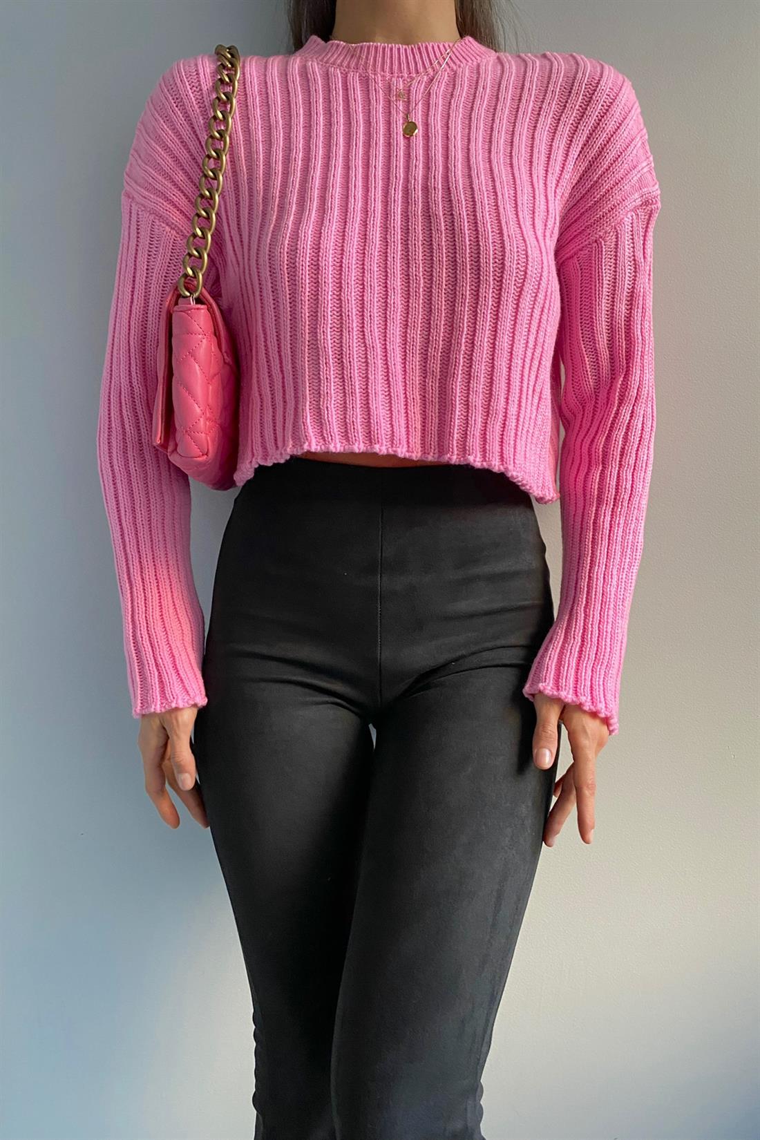 Bisiklet Yaka Fitilli Crop Kazak PEMBE