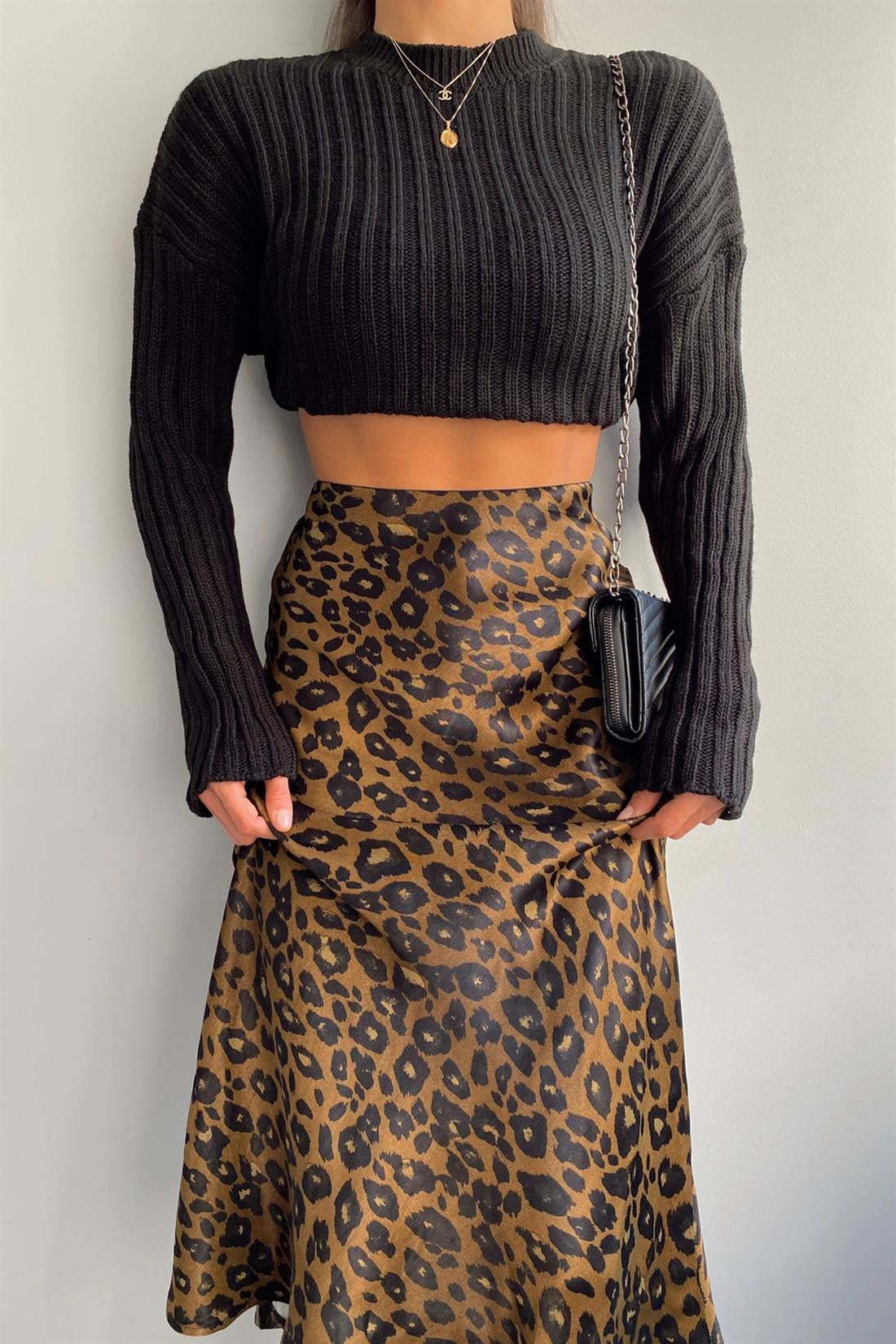 Bisiklet Yaka Fitilli Crop Kazak SİYAH