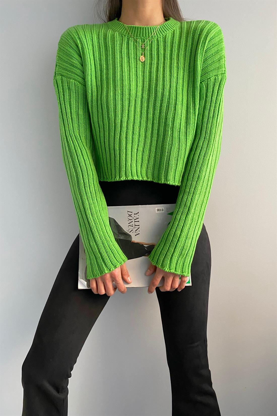 Bisiklet Yaka Fitilli Crop Kazak YEŞİL