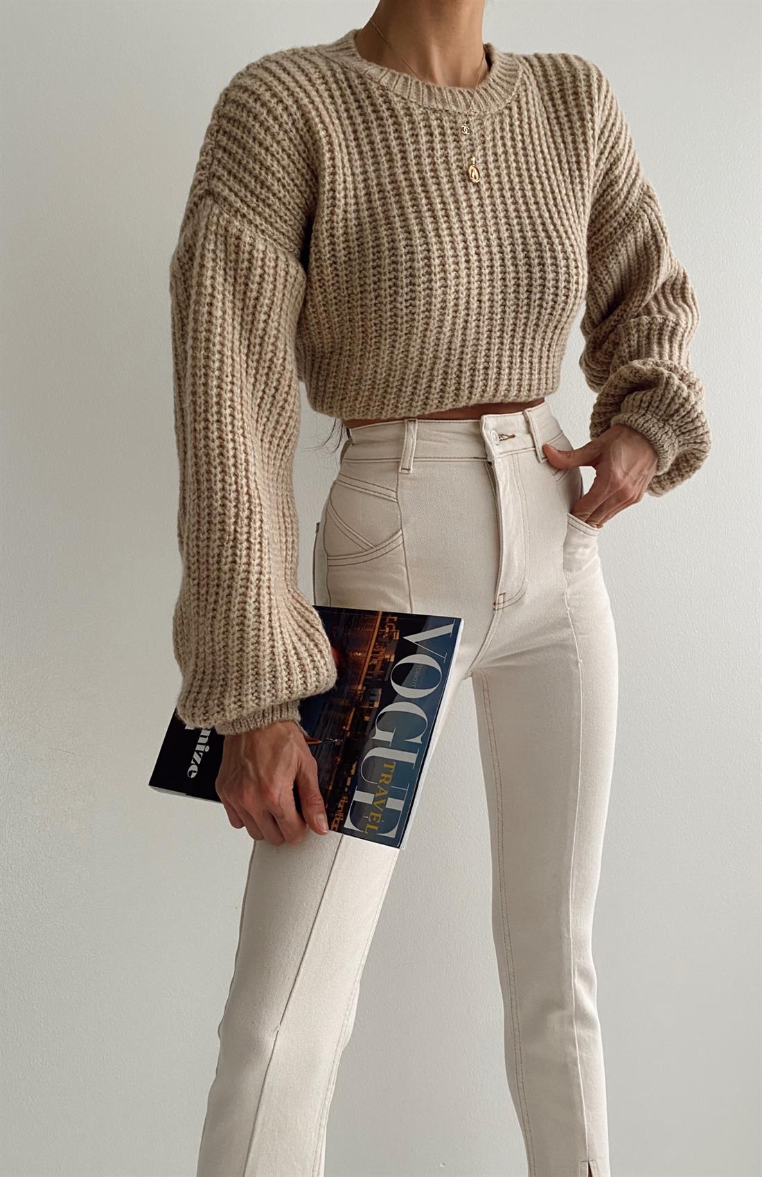 Bisiklet Yaka Örgü Kazak CAMEL