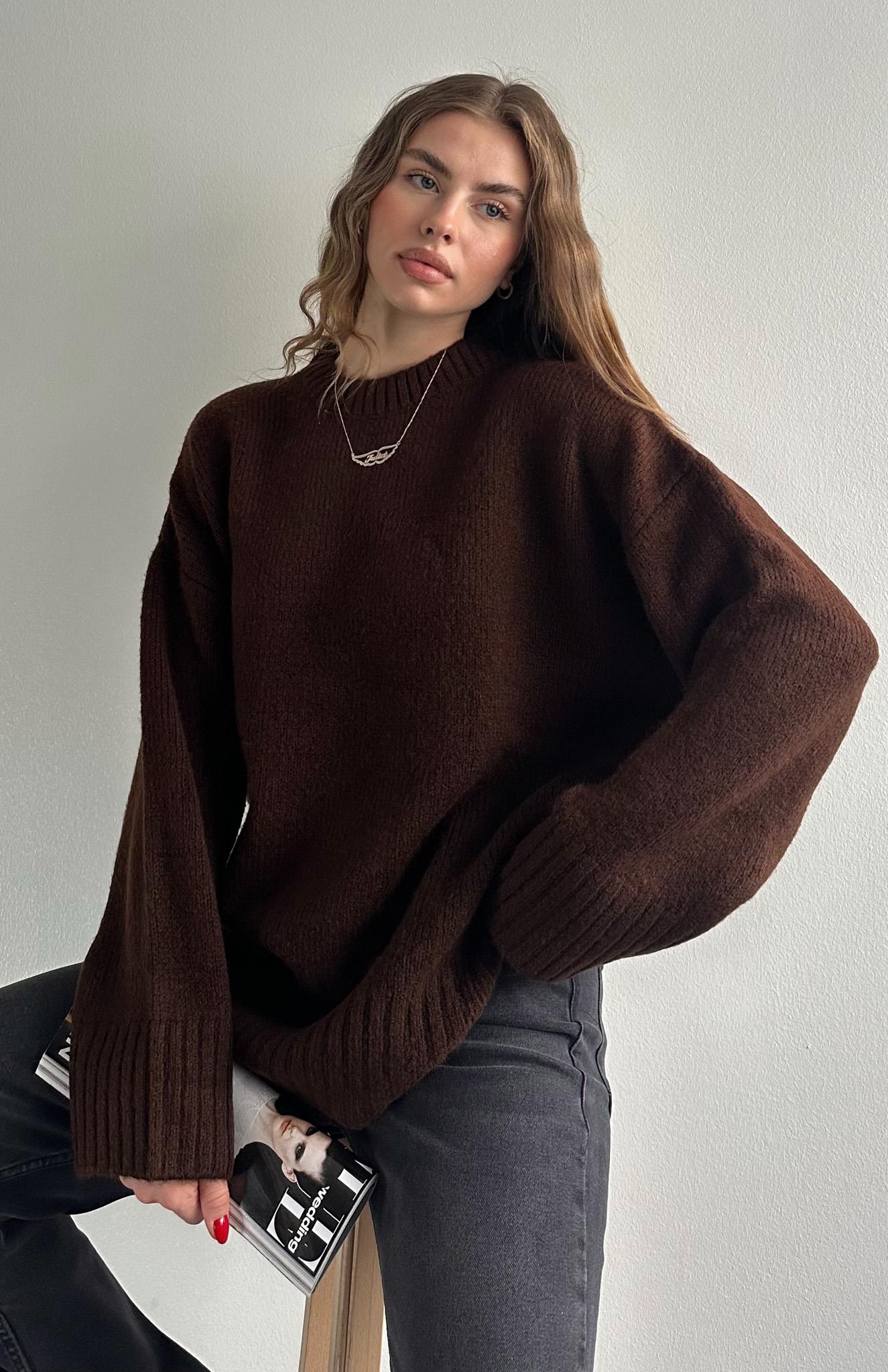 Bisiklet Yaka Oversize Kazak KOYU KAHVE