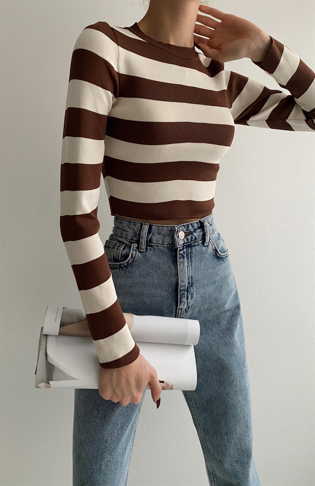 Çizgili Crop Top Kazak KAHVERENGİ