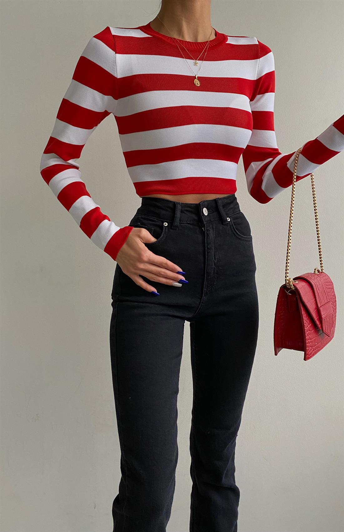 Çizgili Crop Top Kazak KIRMIZI