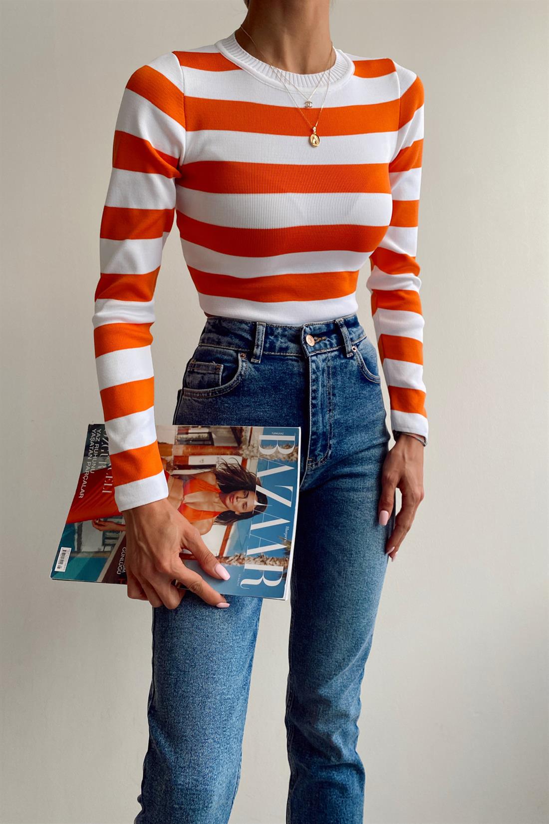 Çizgili Crop Top Kazak TURUNCU