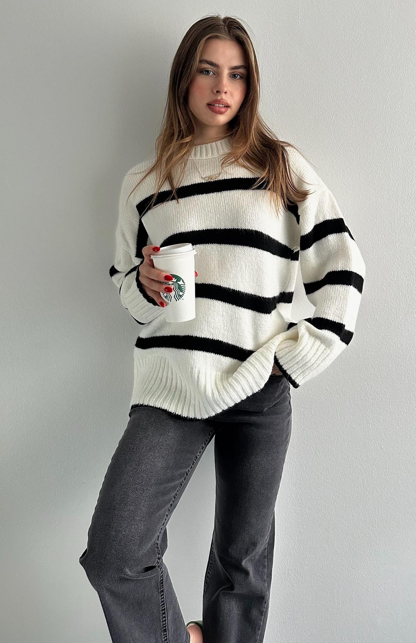 Çizgili Oversize Pinterest Kazak BEYAZ