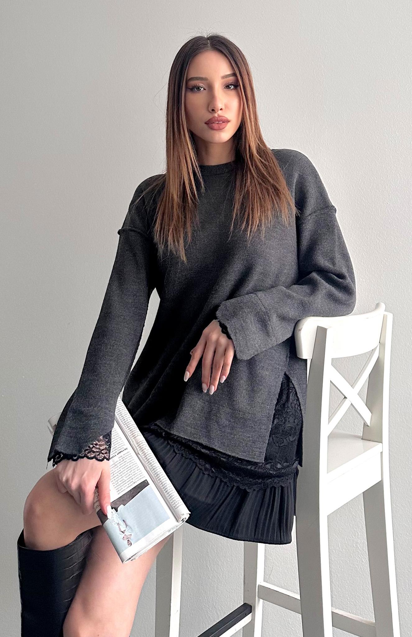 Dantel Detaylı Oversize Kazak ANTRASİT