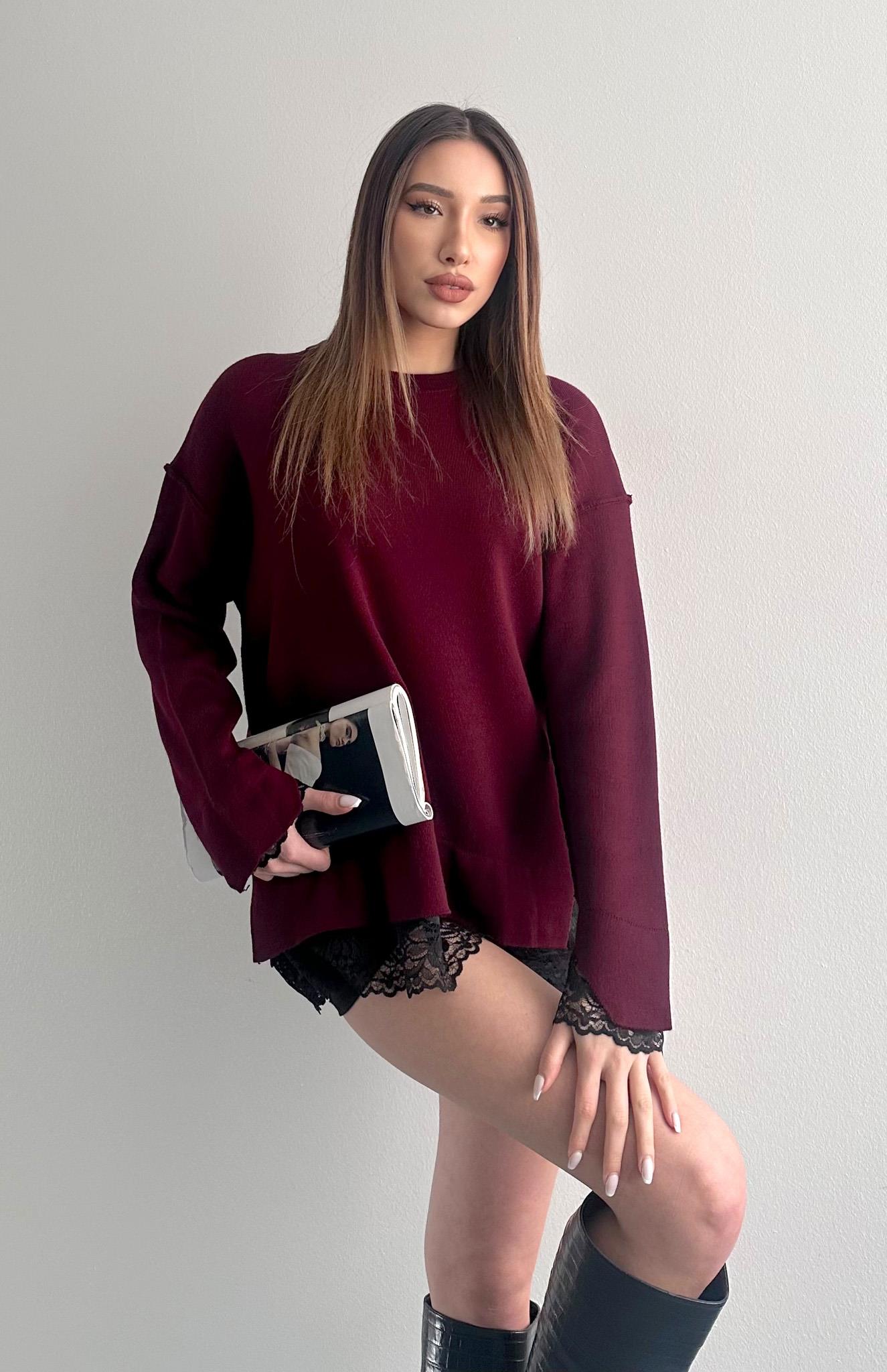 Dantel Detaylı Oversize Kazak BORDO