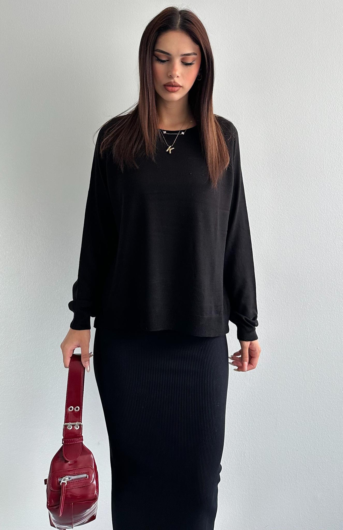 İtalyan Yaka Pamuk Basic Kazak SİYAH