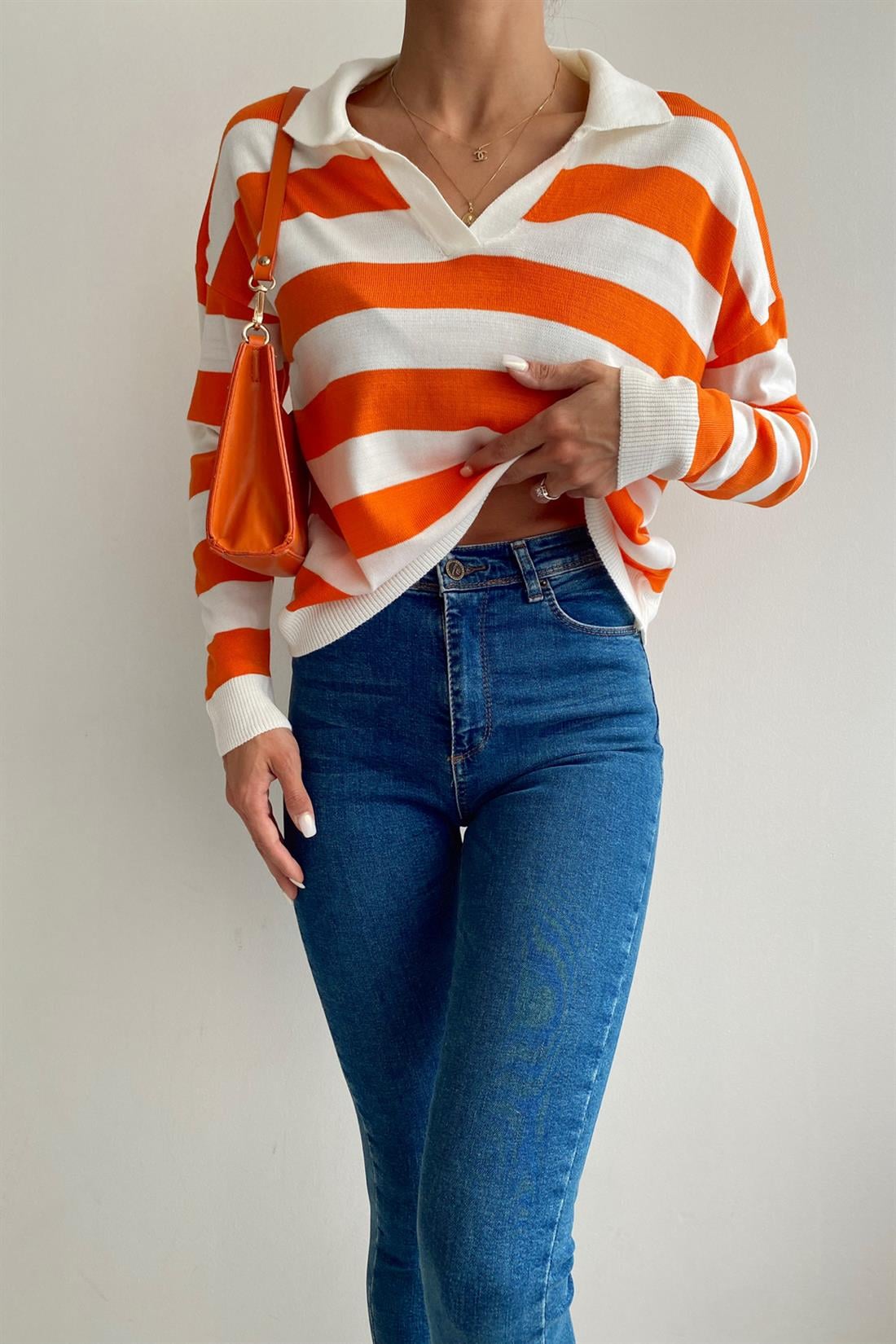 Kalın Çizgili Polo Yaka Kazak TURUNCU