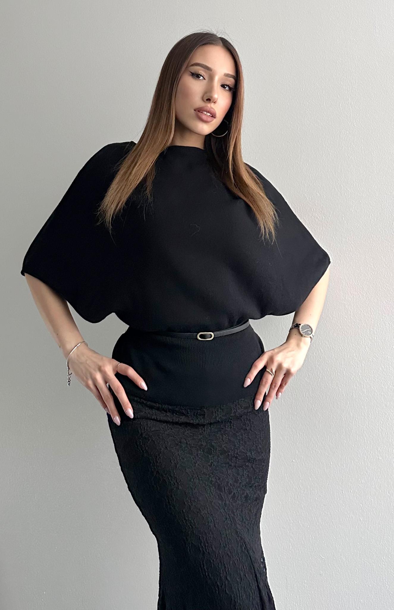 Kayık Yaka Yarasa Kol Kemerli Kazak SİYAH