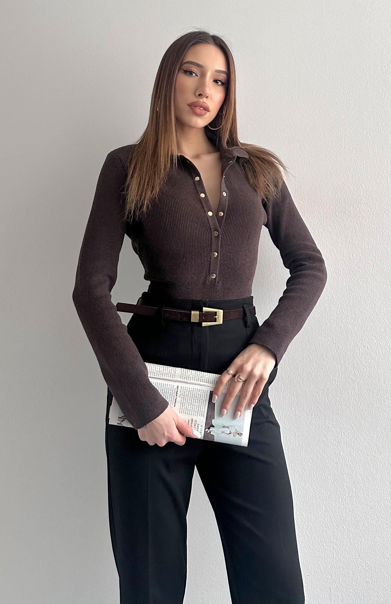 P.Yaka Çıtçıtlı Triko Kazak KAHVERENGİ