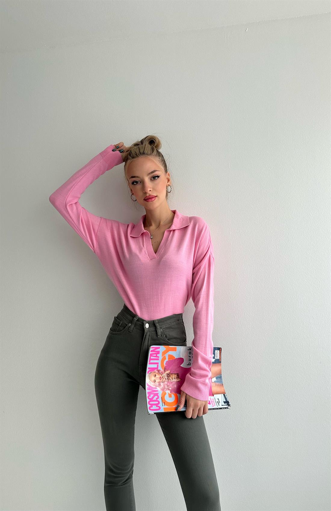 Polo Yaka Düz Kazak PEMBE
