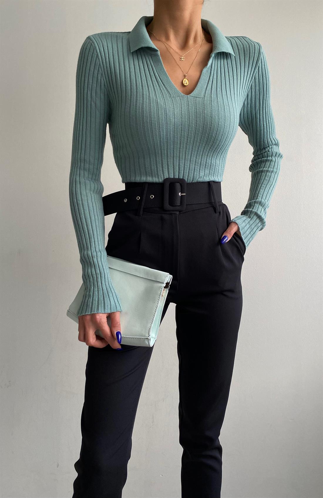 Polo Yaka Fitilli Kazak MİNT