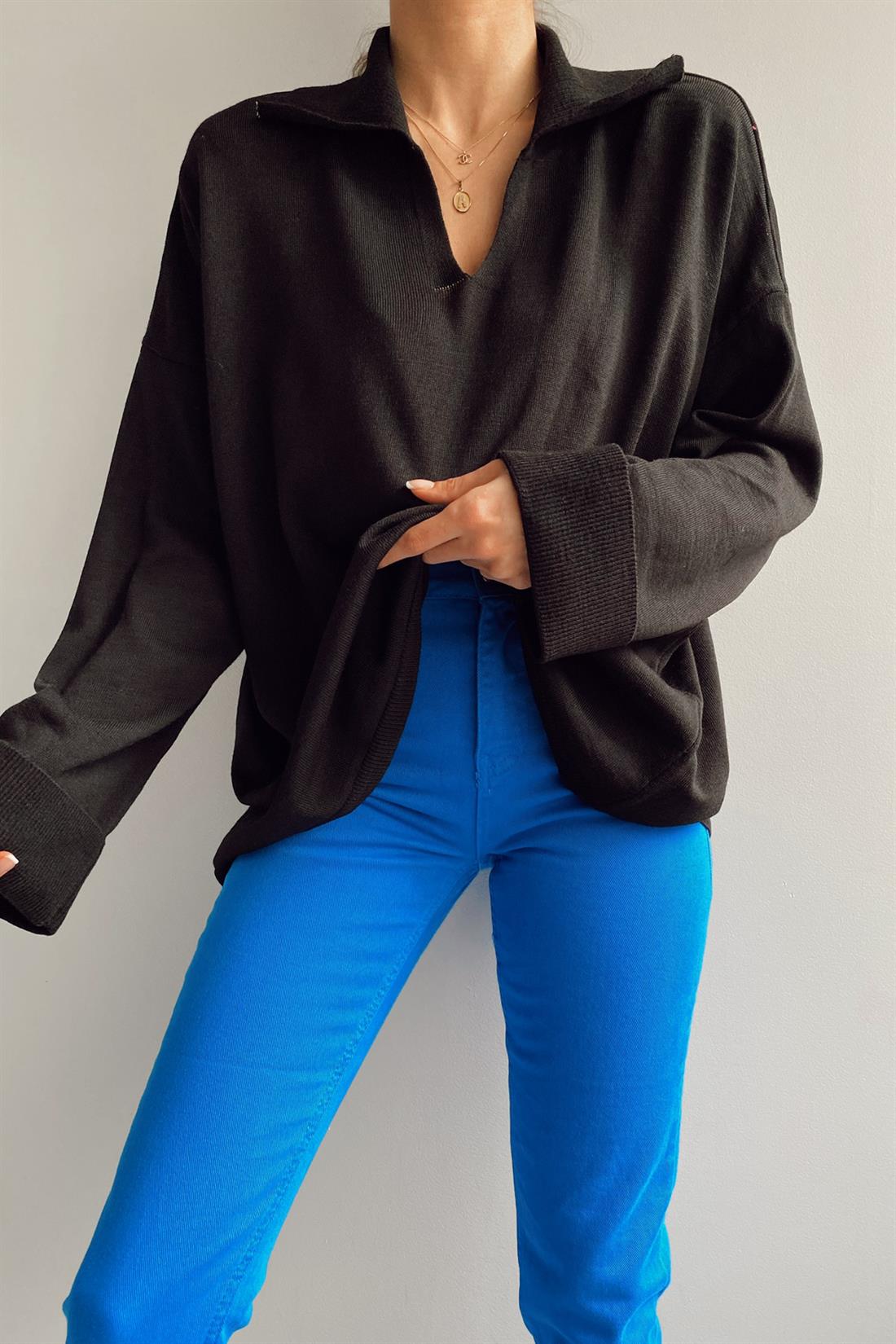 Polo Yaka Oversize Kazak SİYAH
