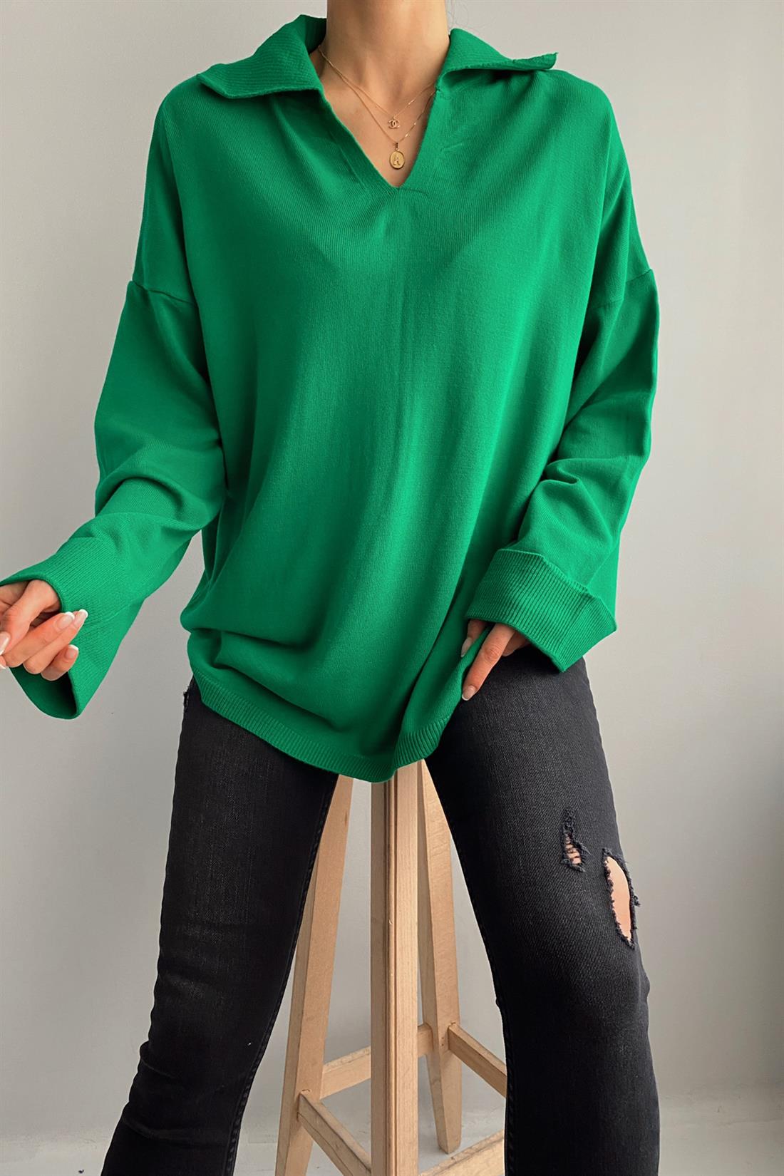 Polo Yaka Oversize Kazak YEŞİL
