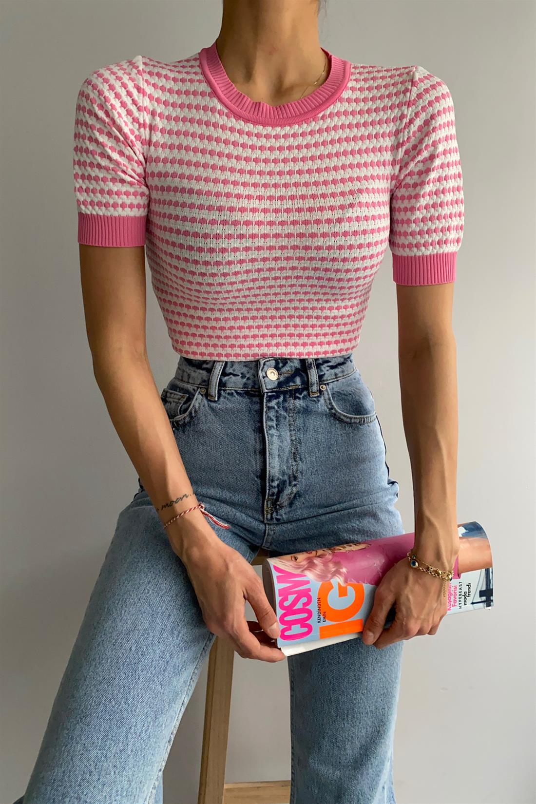 Puf  Örgü Kısa Kol Triko PEMBE