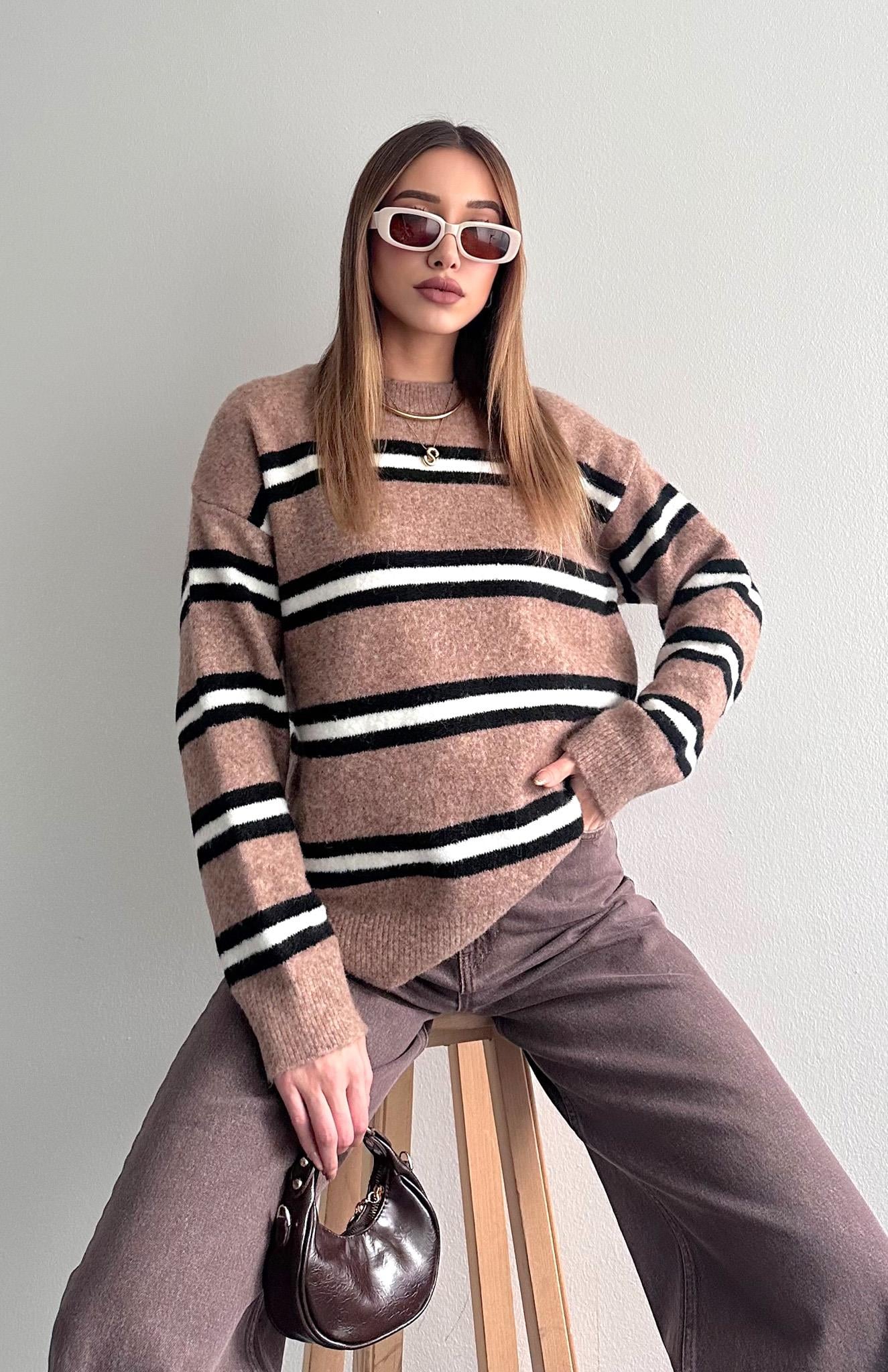 Renkli Çizgili Oversize Kazak VİZON