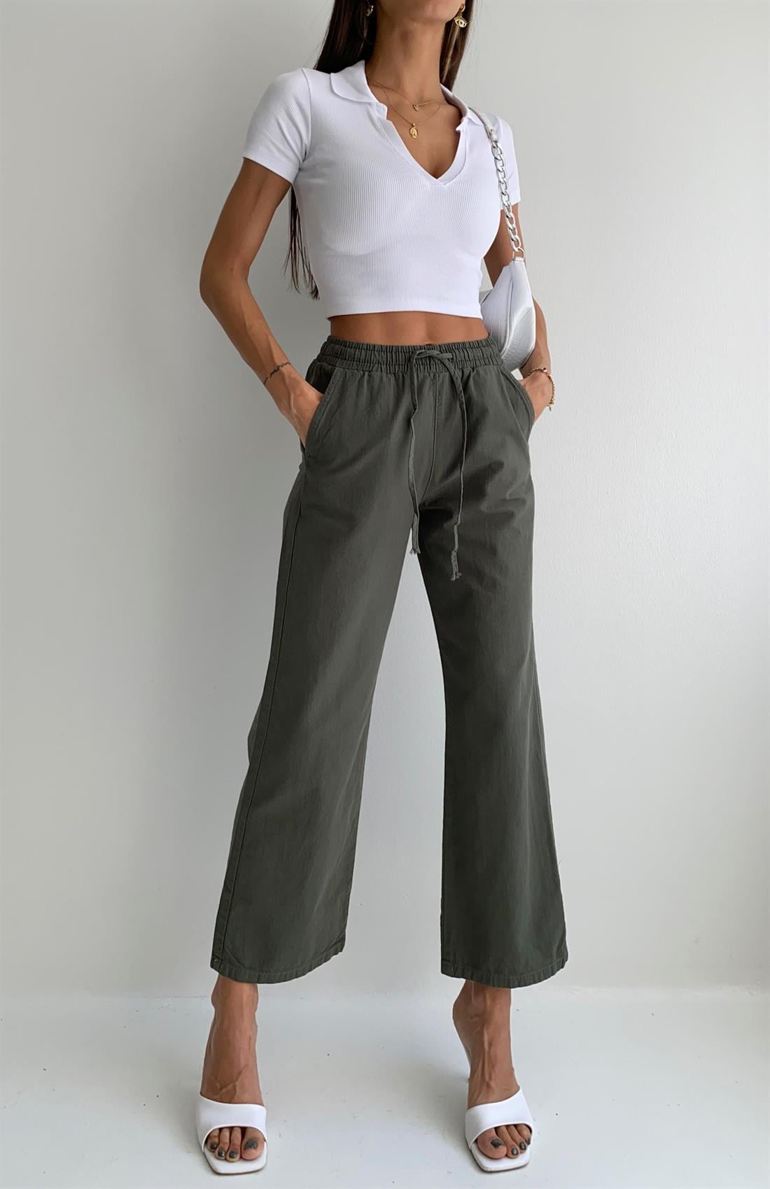 Beli Lastikli Bol Paça Keten Pantolon HAKİ